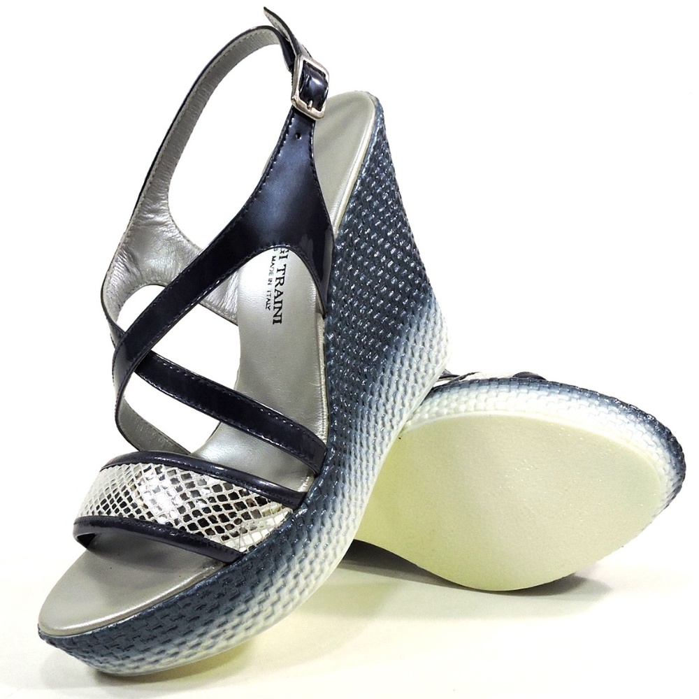 LUIGI TRAINI🇮🇹BLUE LEATHER PLATFORM SANDALS - Picture 6 of 7